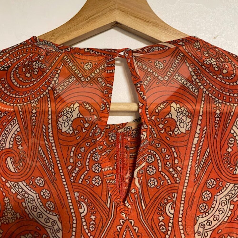 Love Sam Orange Paisley Boho Silk Chiffon Blouse Size XS - Picture 8 of 11